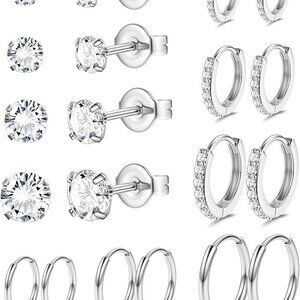 10 Pairs Hypoallergenic Surgical Steel Earrings Set for Multiple Piercings, Silv
